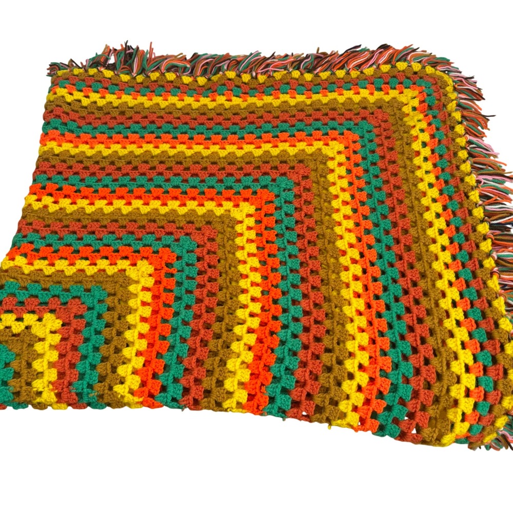 VTG Handmade‎ Crochet Granny Square Afghan Blanket Retro Boho Fringe 64x58